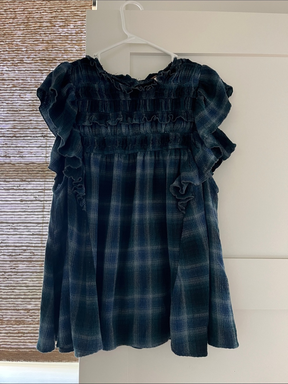 Free People Blue Plaid Ruffle Sleeve Top